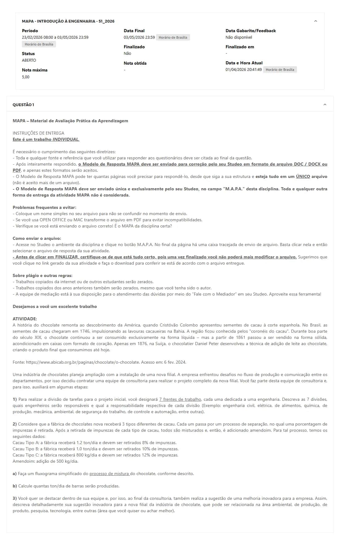 MAPA - INTRODUÇÃO À ENGENHARIA - 51_2026 - INTRODUÇÃO À ENGENHARIA